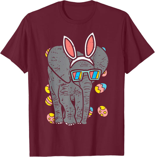 Elephant Bunny Ears Glasses Eggs Easter Day Animal Lover T-Shirt - T-Shirt | Maroon