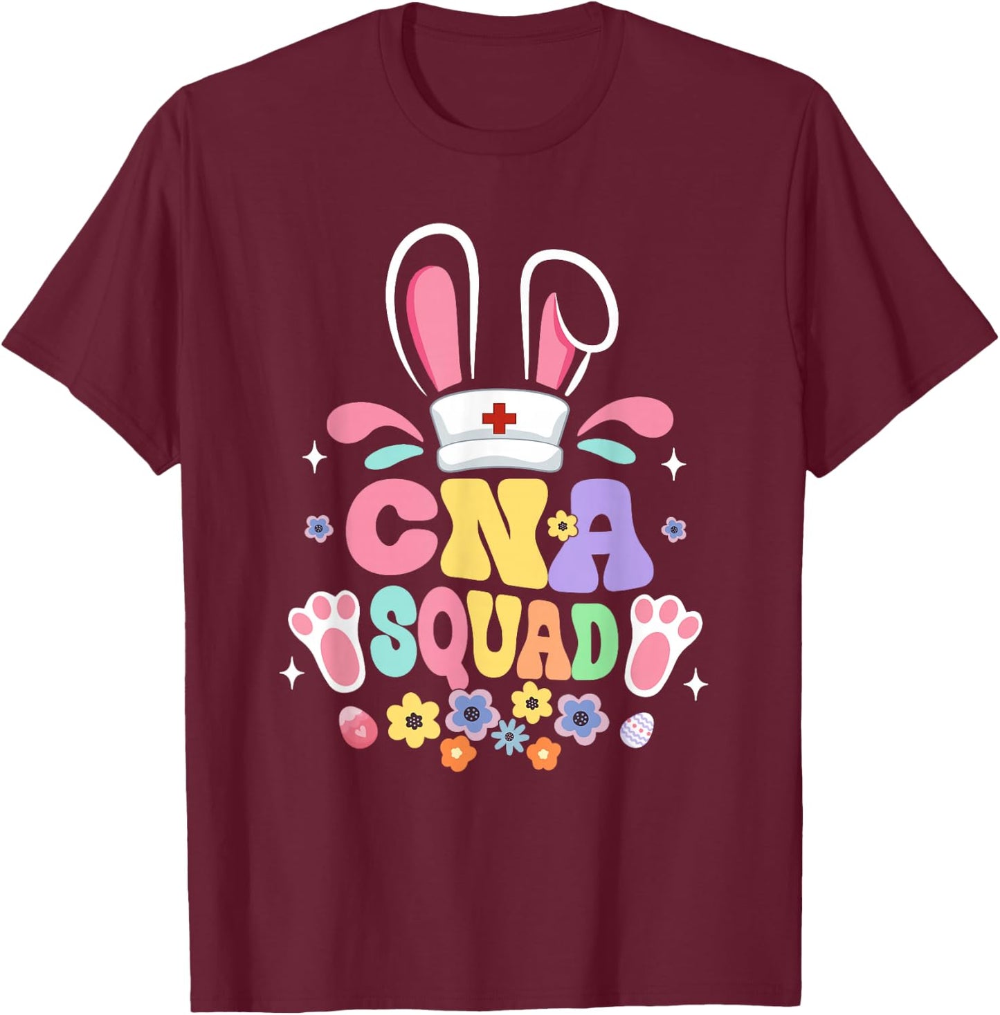 Retro Groovy CNA Squad Bunny Ear Flower Easter T-Shirt - T-Shirt | Maroon