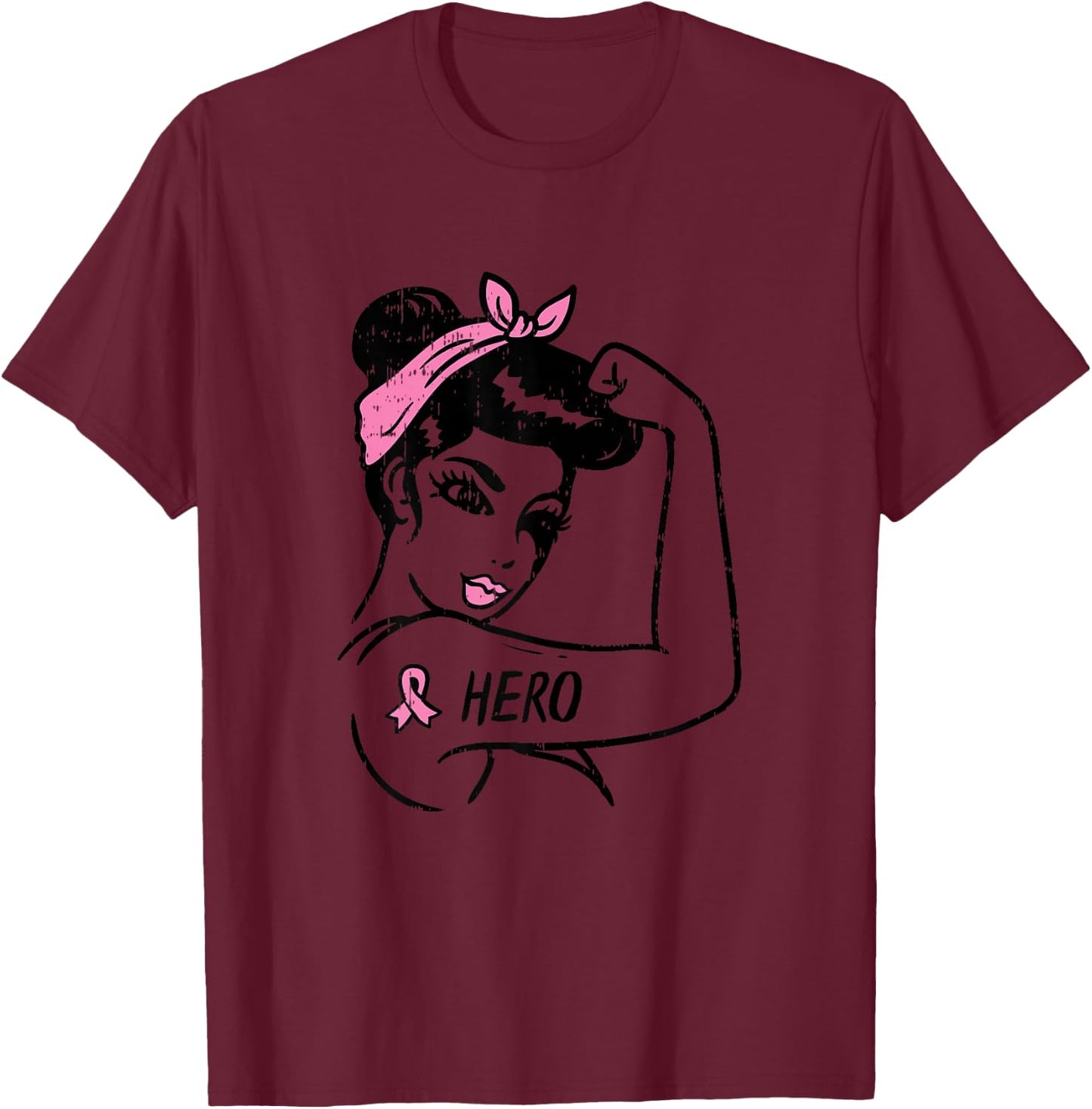Rosie Riveter Hero Pink Ribbon Breast Cancer Awareness Women T-Shirt - T-Shirt | Maroon