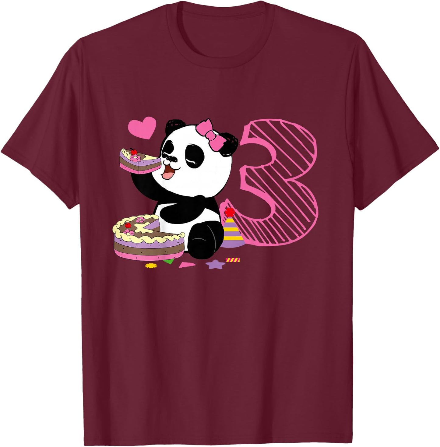 Kids Cute Panda 3 Years Old Girls Birthday Party T-Shirt - T-Shirt | Maroon