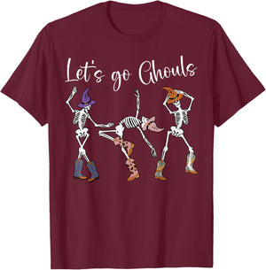Let's Go Ghouls Dancing Skeleton Cowboy Western Halloween T-Shirt - T-Shirt | Maroon