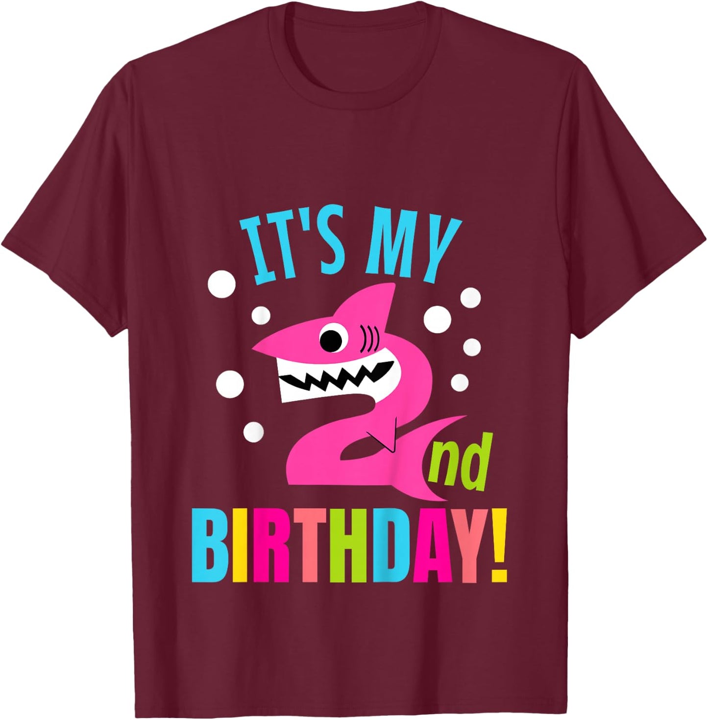 Kids 2 Year Old 2nd Shark Party Birthday Baby Gift Girls And Boys T-Shirt - T-Shirt | Maroon