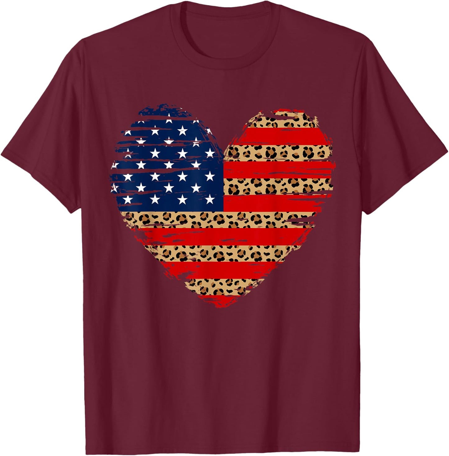 American Flag Heart 4th of July Leopard Print USA Patriotic T-Shirt - T-Shirt | Maroon