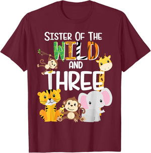 Sister of the Wild and 3 Zoo Theme Birthday Safari Jungle T-Shirt - T-Shirt | Maroon