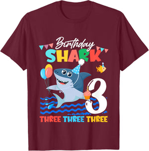 Baby Cute Shark Birthday Boy 3 Year Old Gift - Three Three T-Shirt - T-Shirt | Maroon