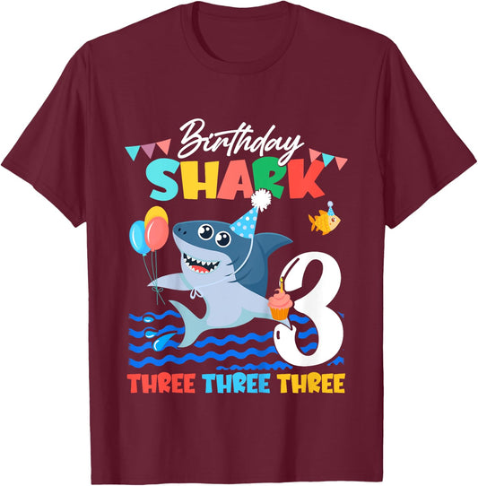 Baby Cute Shark Birthday Boy 3 Year Old Gift - Three Three T-Shirt - T-Shirt | Maroon