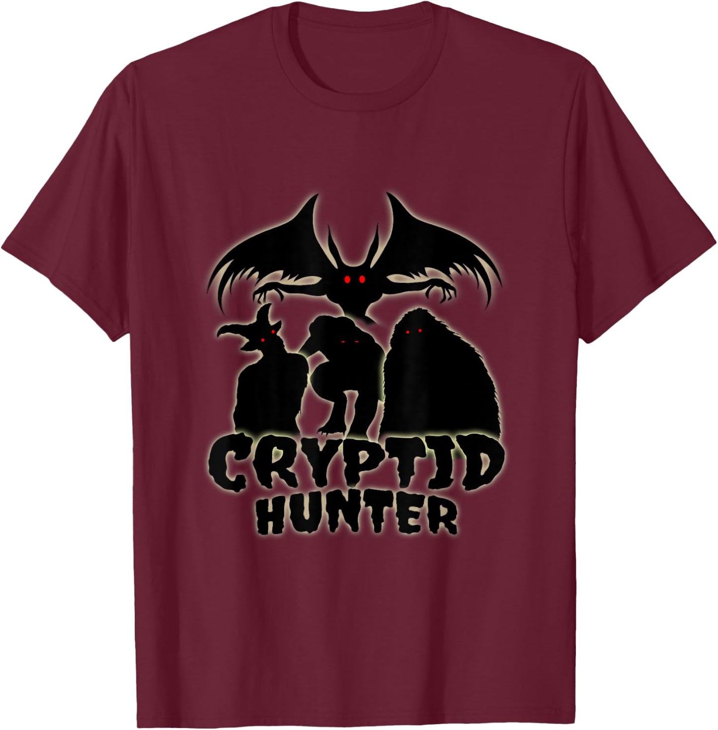 Cryptid Hunter with Goatman Memo Mothman T-Shirt - T-Shirt | Maroon