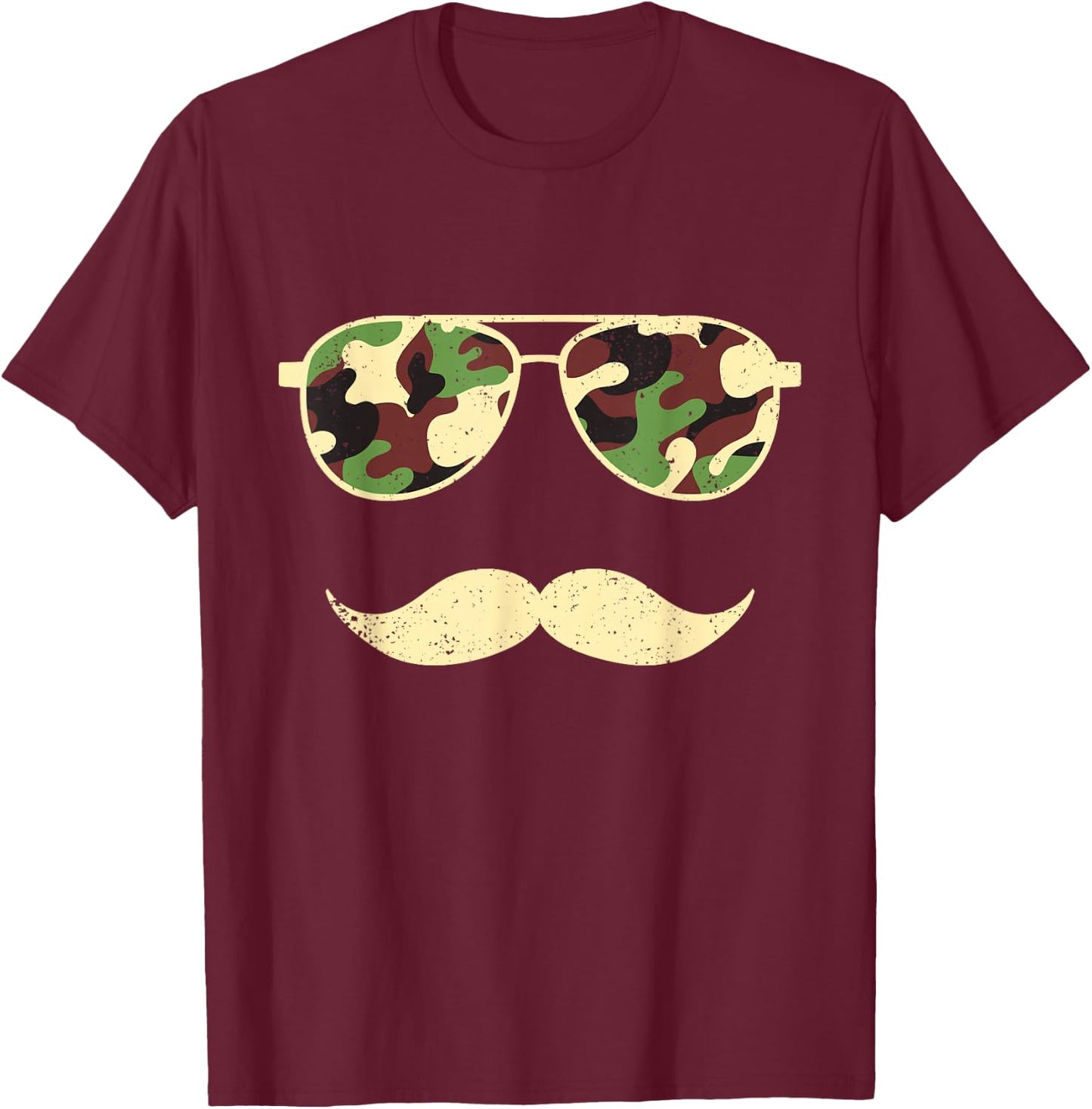 Camo Sunglasses Mustache Funny Retro Camo Veterans Day T-Shirt - T-Shirt | Maroon