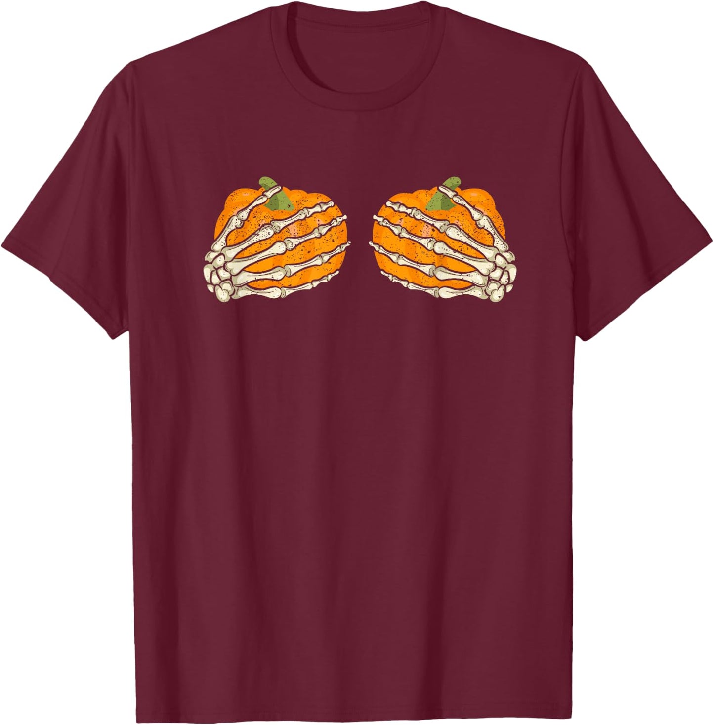 Skeleton Pumpkin Boob Hand Funny Halloween Skeletal Boobs T-Shirt - T-Shirt | Maroon
