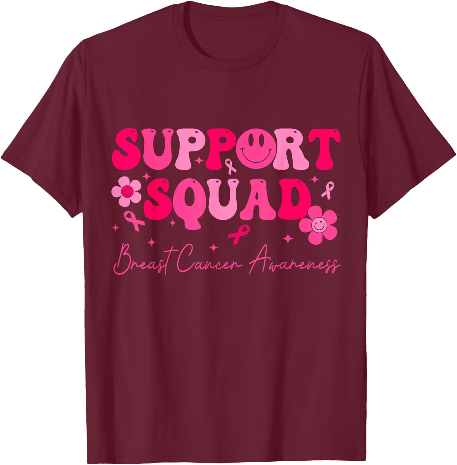 Retro Groovy Support Squad Breast Cancer Awareness T-Shirt - T-Shirt | Maroon