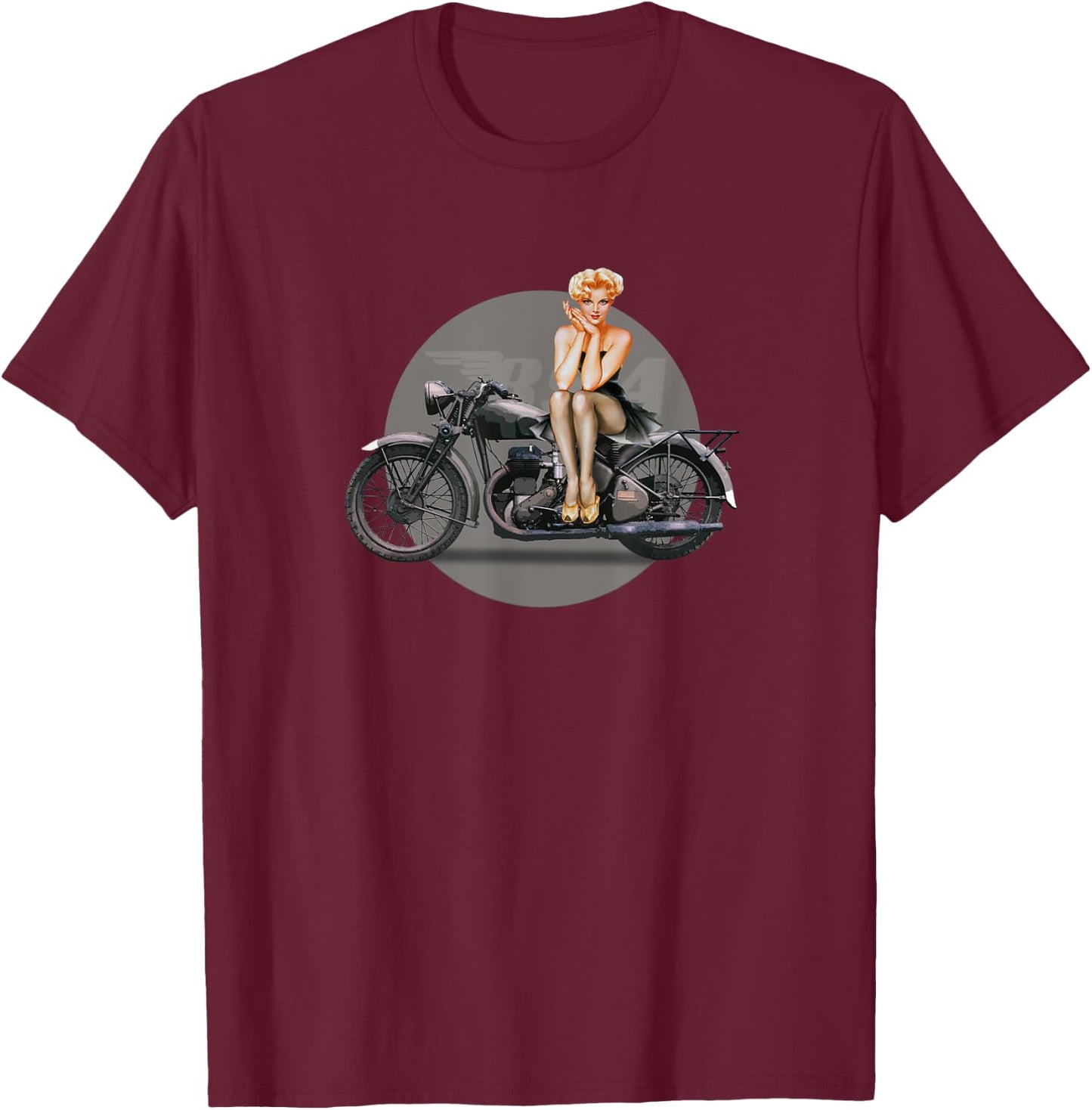 WW2 Pin Up Girl BSA Motorcycle Retro Poster T-Shirt - T-Shirt | Maroon