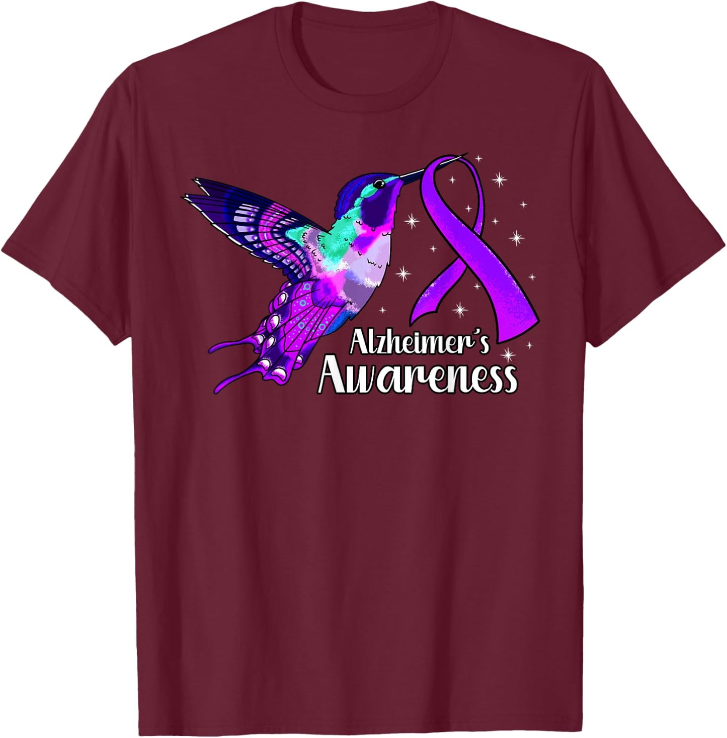 Alzheimer's Disease AD Hummingbird Purple Awareness Ribbon T-Shirt - T-Shirt | Maroon