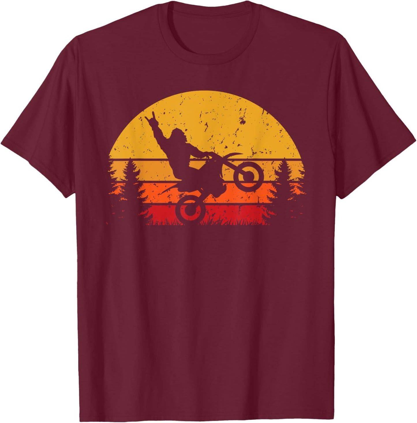 Funny Bigfoot Sasquatch Retro Sunset Riding Dirt Bike T-Shirt - T-Shirt | Maroon