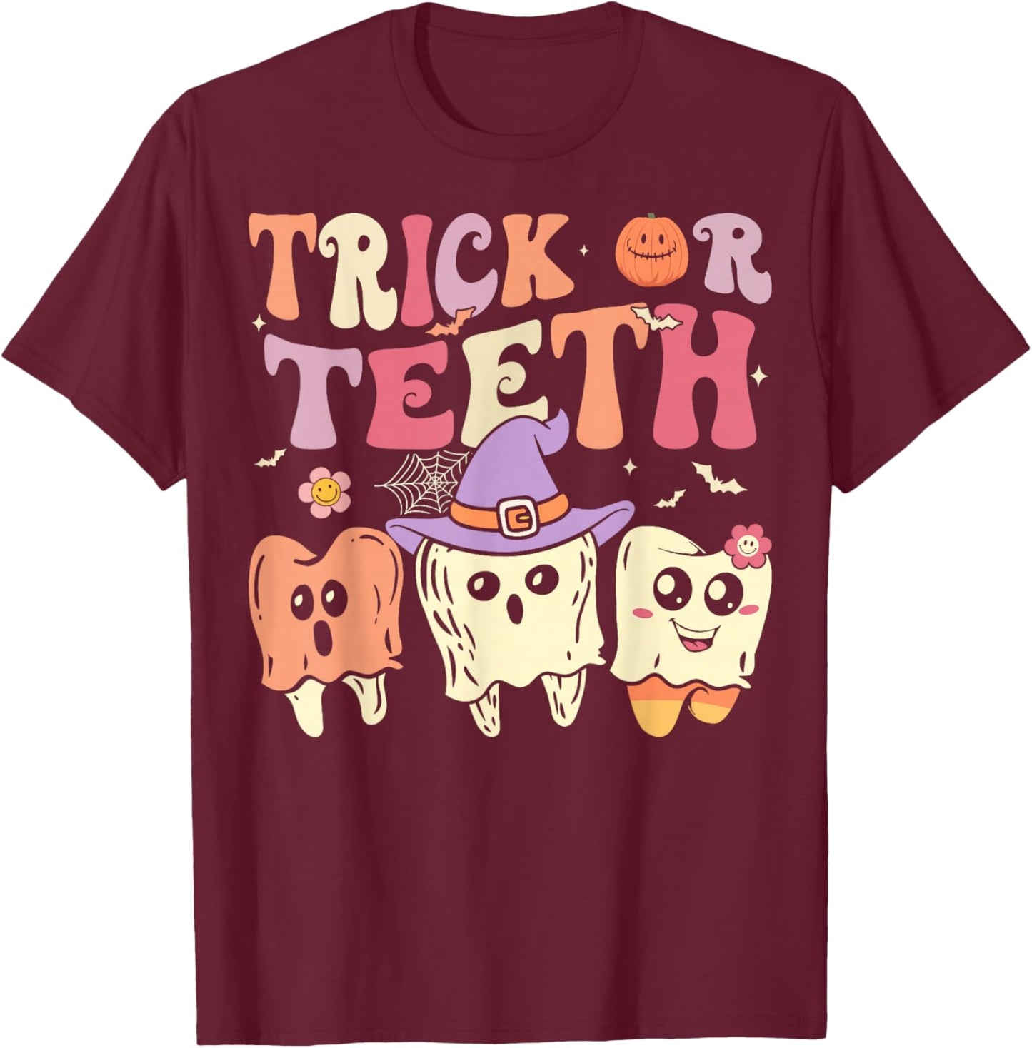 Groovy Dental Halloween Retro Trick or Teeth Floral Ghost T-Shirt - T-Shirt | Maroon