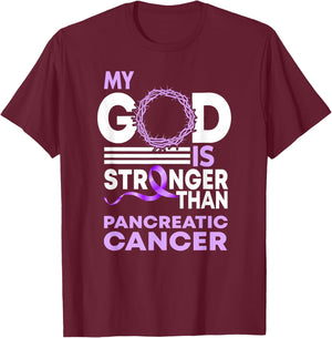 My God Is Stronger Than Pancreatic Cancer Awareness Ribbon T-Shirt - T-Shirt | Maroon