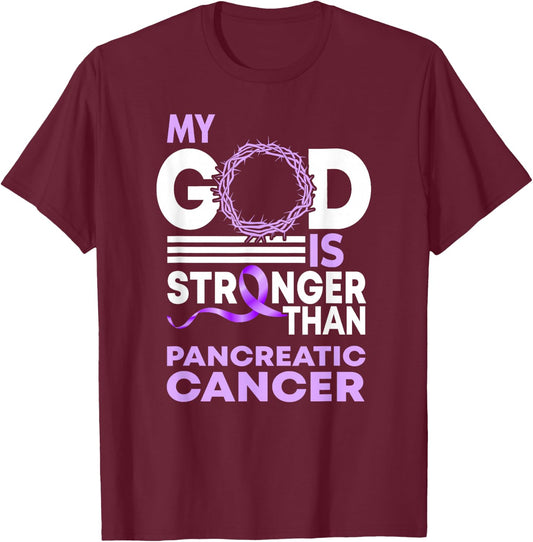 My God Is Stronger Than Pancreatic Cancer Awareness Ribbon T-Shirt - T-Shirt | Maroon