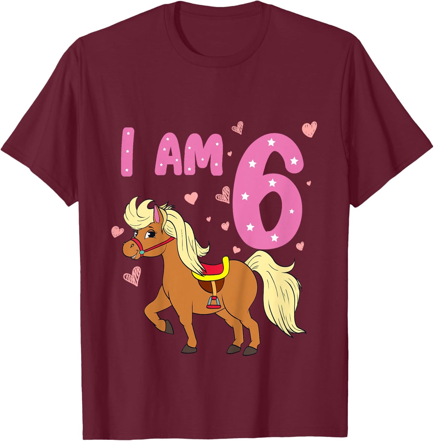 Pony Girl 6th Birthday Horse 6 Years Old Girls Pony Birthday T-Shirt - T-Shirt | Maroon