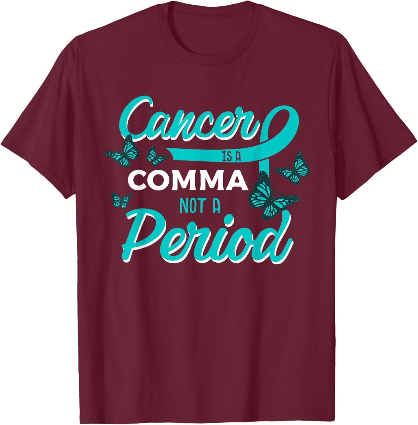 Ovarian Cancer Butterfly Teal Ribbon Gynecology Carcinoma T-Shirt - T-Shirt | Maroon
