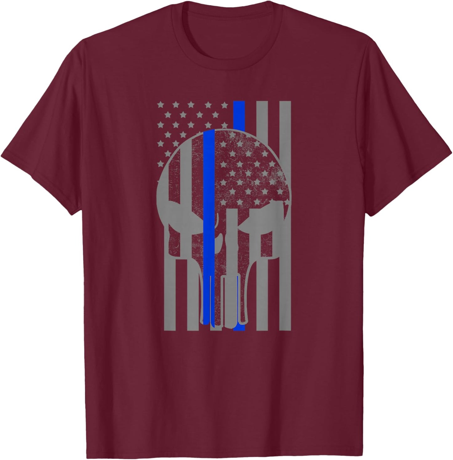 Grey American Flag Skull Thin Blue Line Police Officer Gift T-Shirt - T-Shirt | Maroon