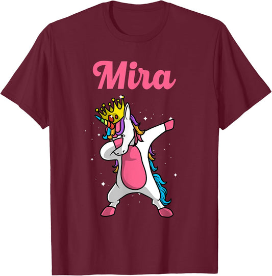 MIRA Name Personalized Birthday Dabbing Unicorn Queen T-Shirt - T-Shirt | Maroon