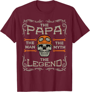 Biker Papa The Man Myth Legend Skull Fathers Day Dad Daddy T-Shirt - T-Shirt | Maroon