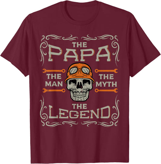 Biker Papa The Man Myth Legend Skull Fathers Day Dad Daddy T-Shirt - T-Shirt | Maroon