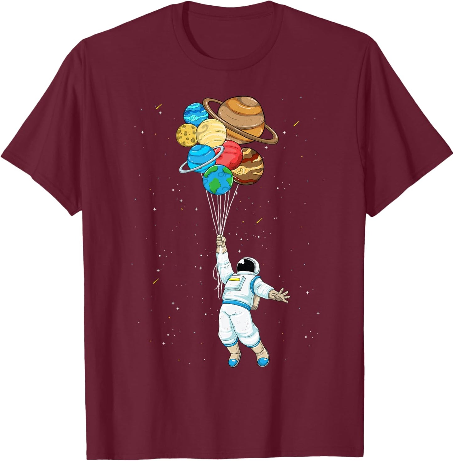Space Shirt Astronaut Holding Planet Balloons Solar System T-Shirt - T-Shirt | Maroon