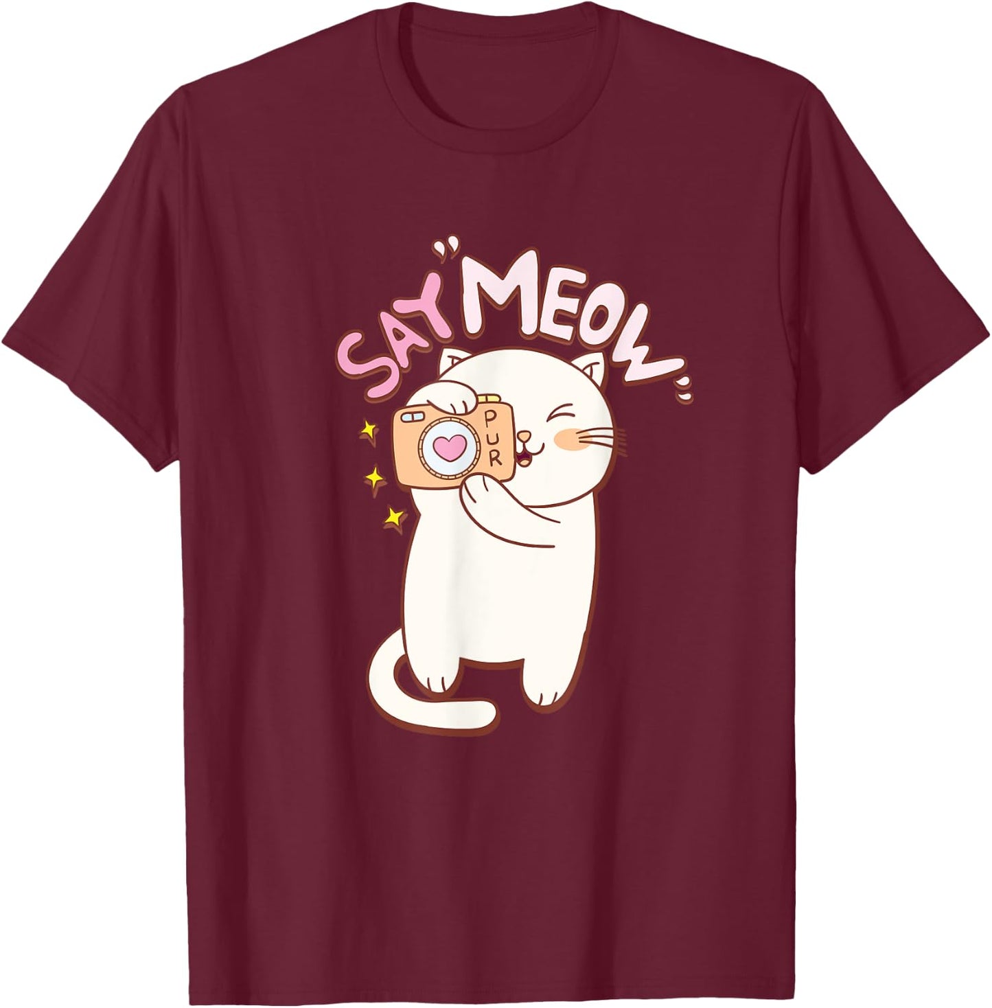 Cute Cat with Camera Saying Meow T-Shirt - T-Shirt | Maroon