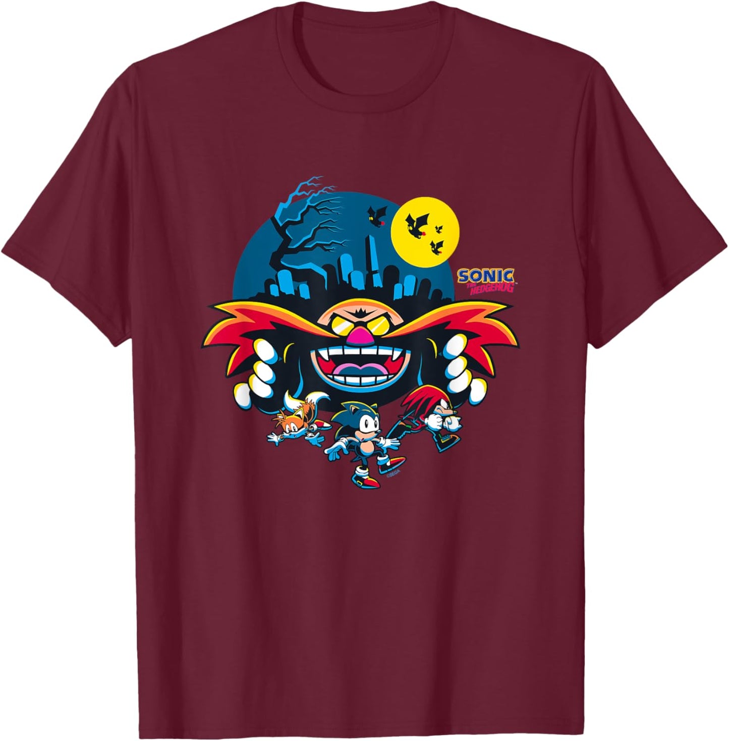 Sonic The Hedgehog Halloween Friends Haunted By Eggman T-Shirt - T-Shirt | Maroon