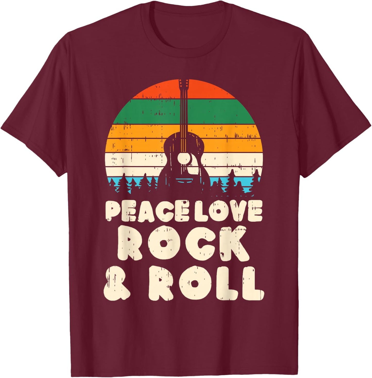 Peace Love Rock N Roll Guitar Retro 80s Hippie Hippi Hippy T-Shirt - T-Shirt | Maroon