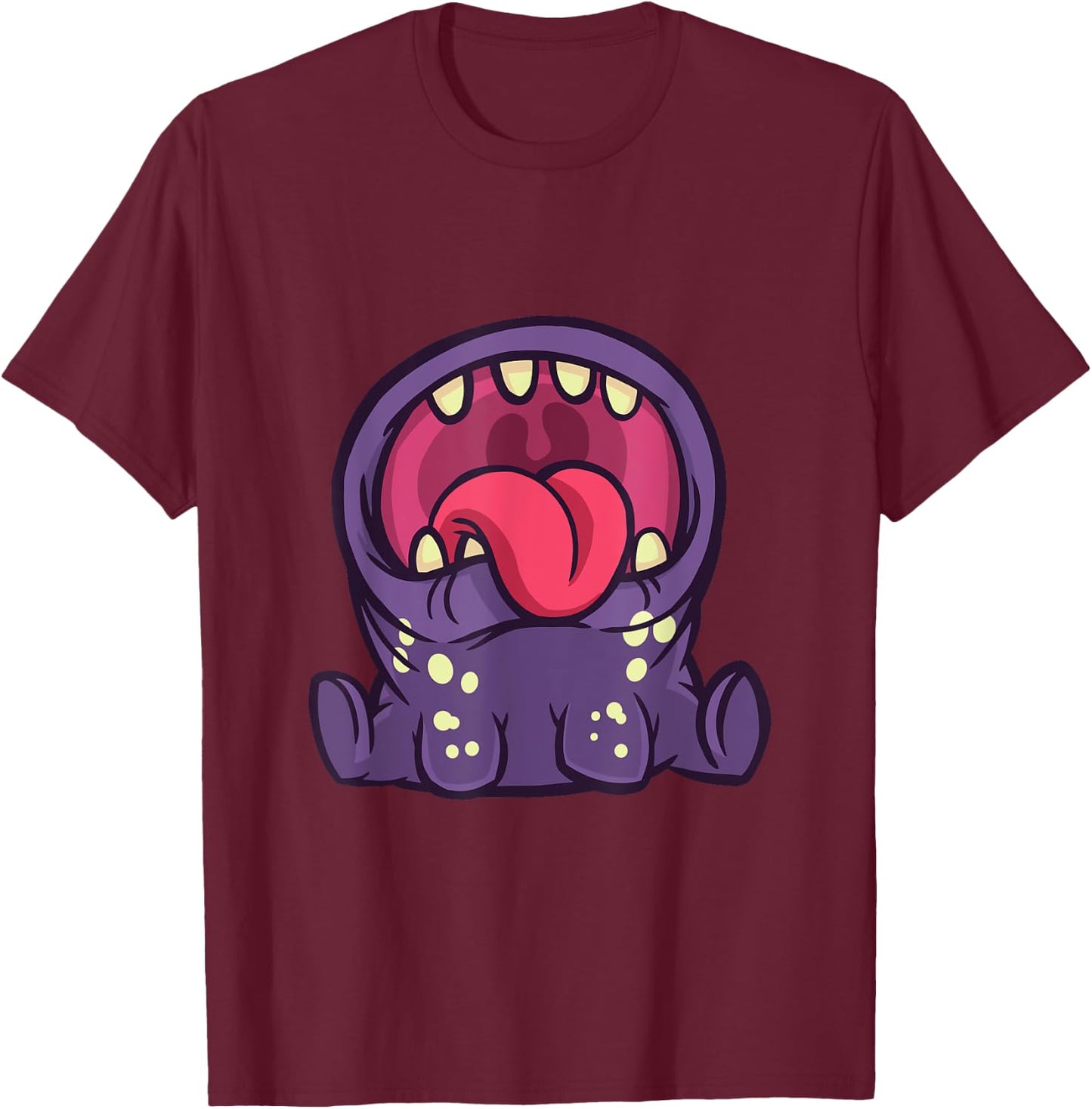 Funny cute purple monster with open mouth and T-Shirt - T-Shirt | Maroon