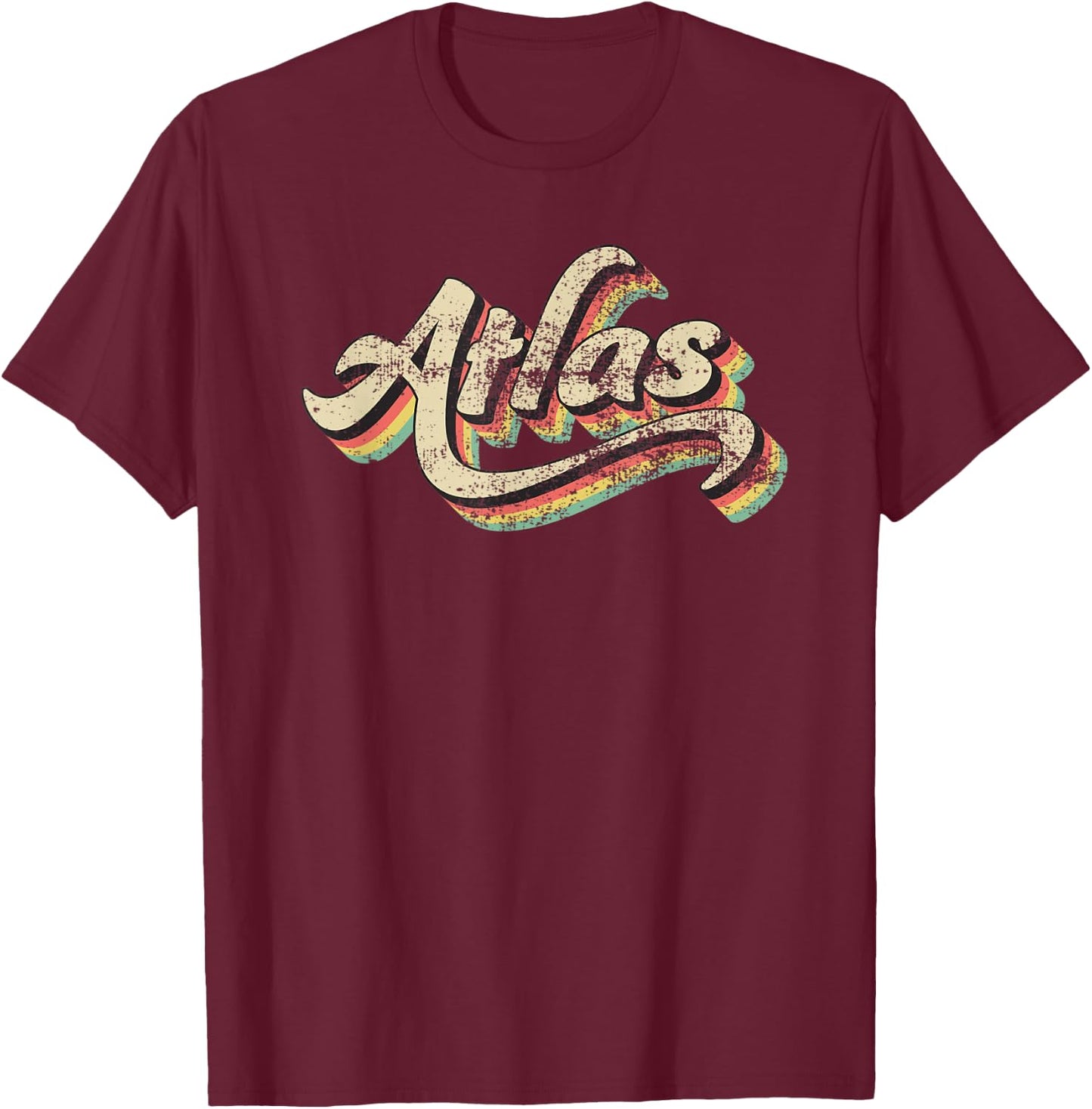 Atlas Name First or Family 70s Inspired Vintage Script T-Shirt - T-Shirt | Maroon