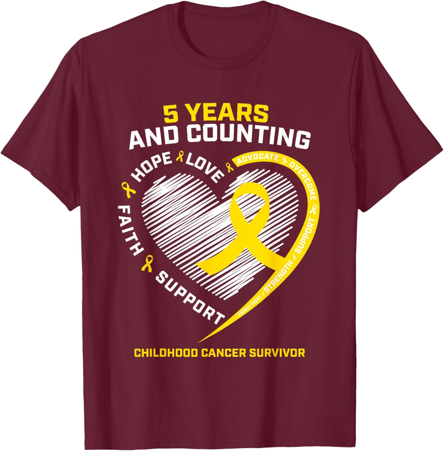 Girls Kids Boys 5 Year Gold Childhood Cancer Survivor Shirt T-Shirt - T-Shirt | Maroon