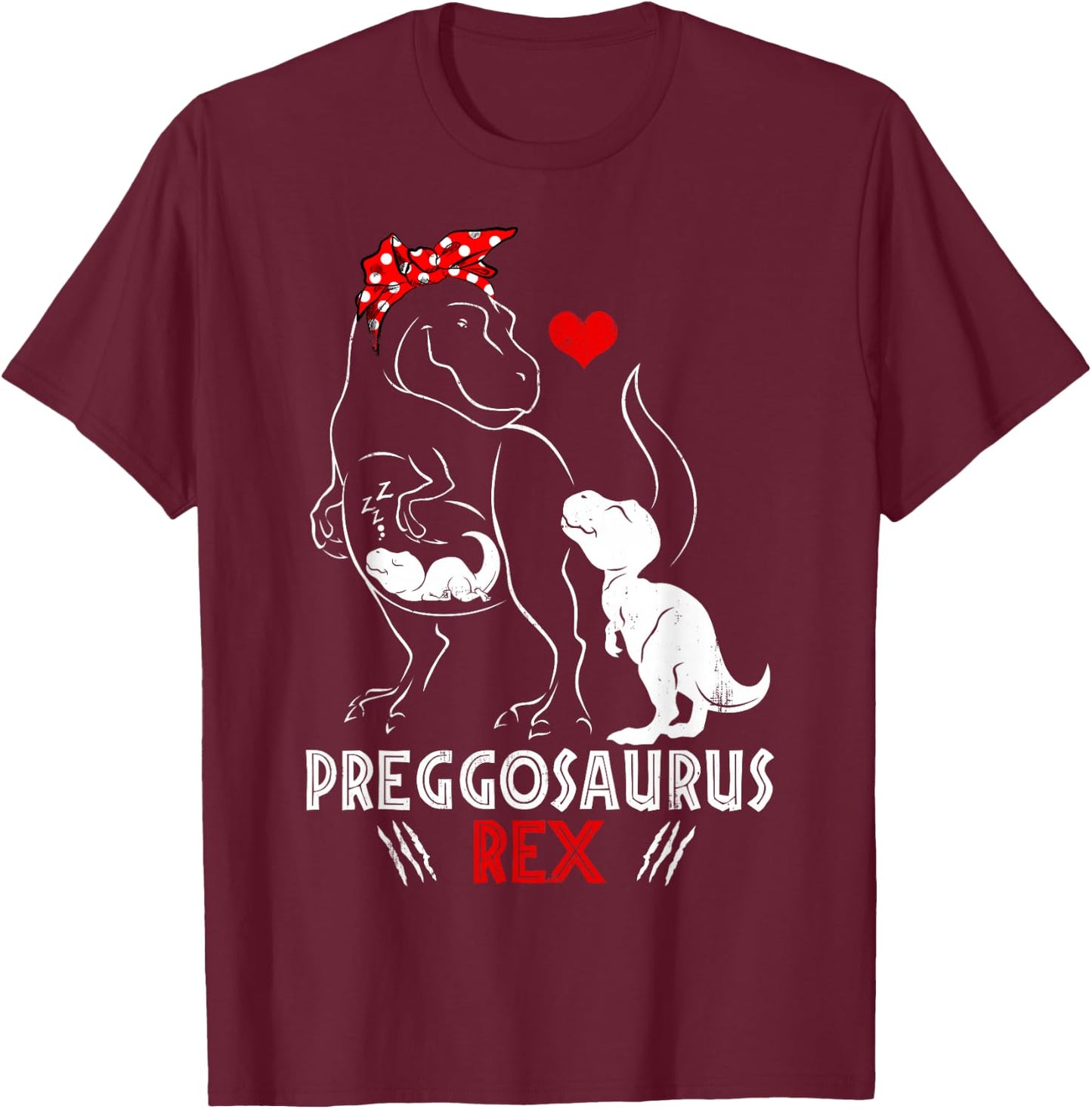 Mamasaurus Rex Pregosaurus Funny Pregnancy Have Two Kids T-Shirt - T-Shirt | Maroon