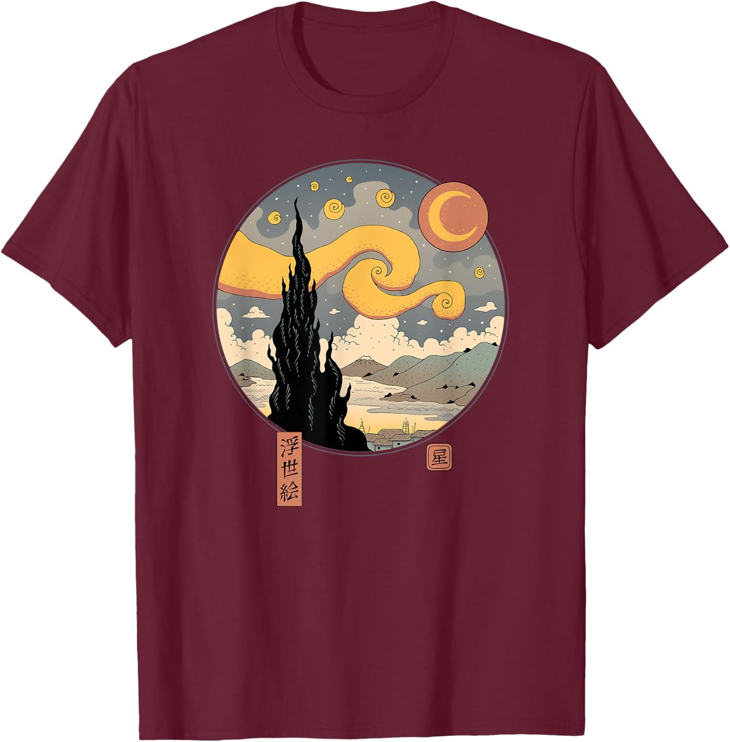 Starry Ukiyo-e Night T-Shirt - T-Shirt | Maroon