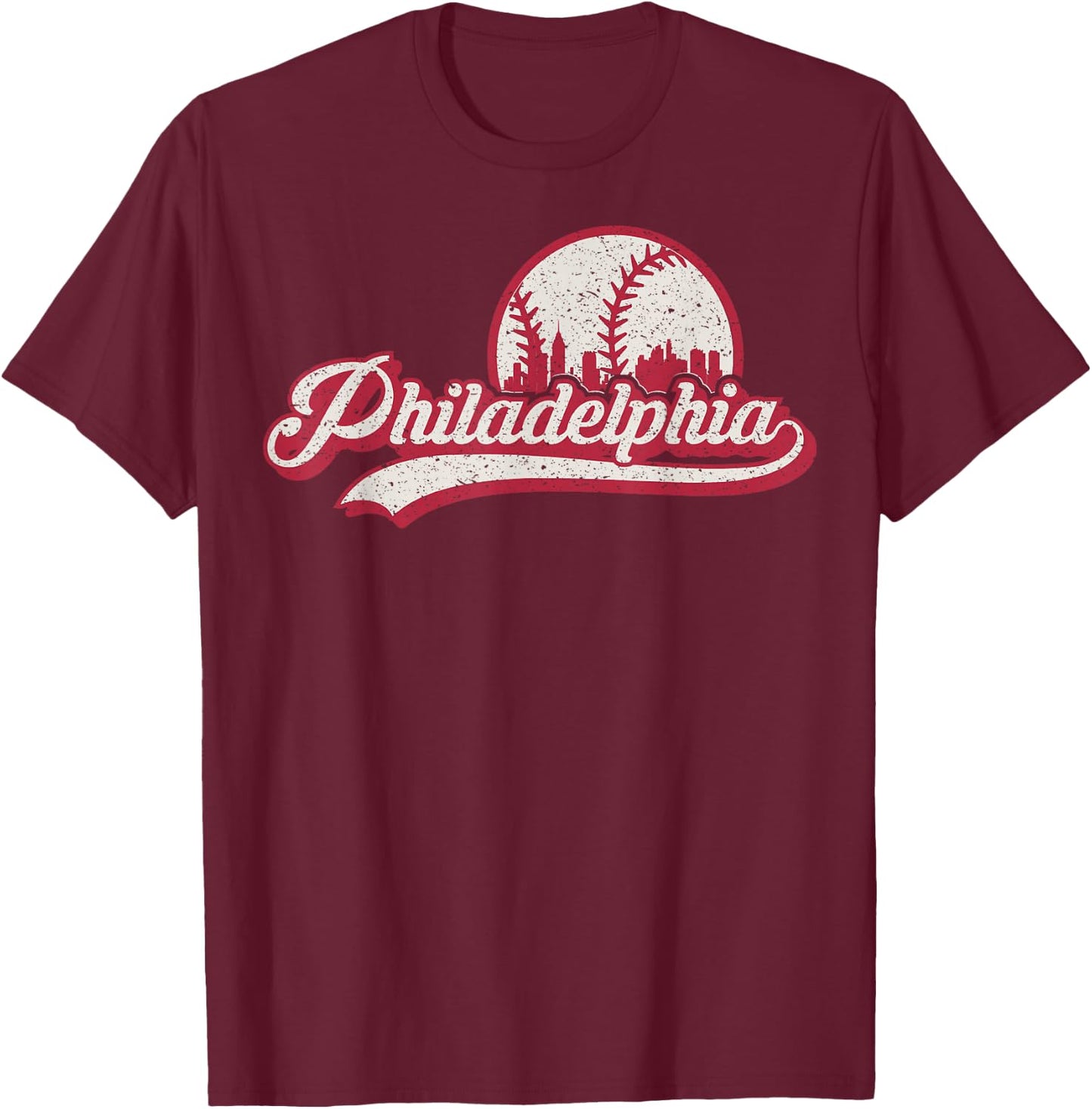 Vintage Distressed Philly Baseball Lovers Philly Cityscape T-Shirt - T-Shirt | Maroon