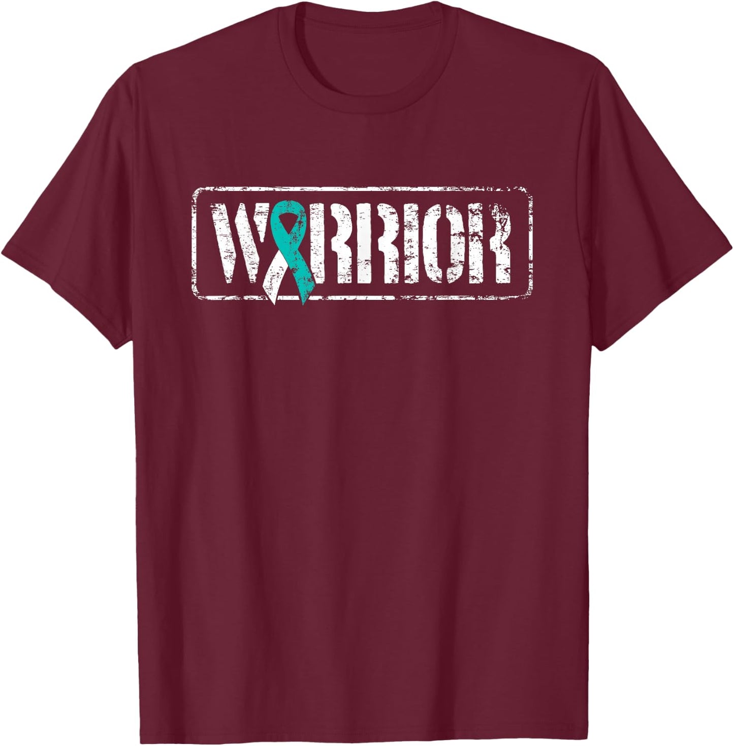 Cervical Cancer Warrior - Teal White Military-Style Ribbon T-Shirt - T-Shirt | Maroon