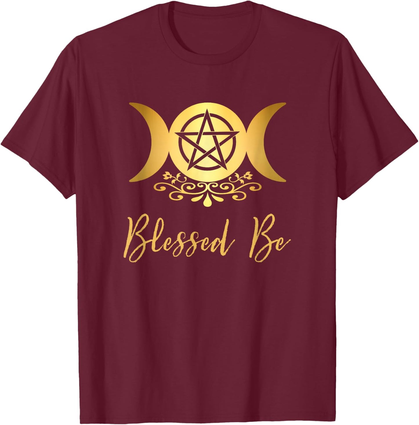 Blessed Be Wiccan Pagan Triple Moon Goddess and Pentacle T-Shirt - T-Shirt | Maroon