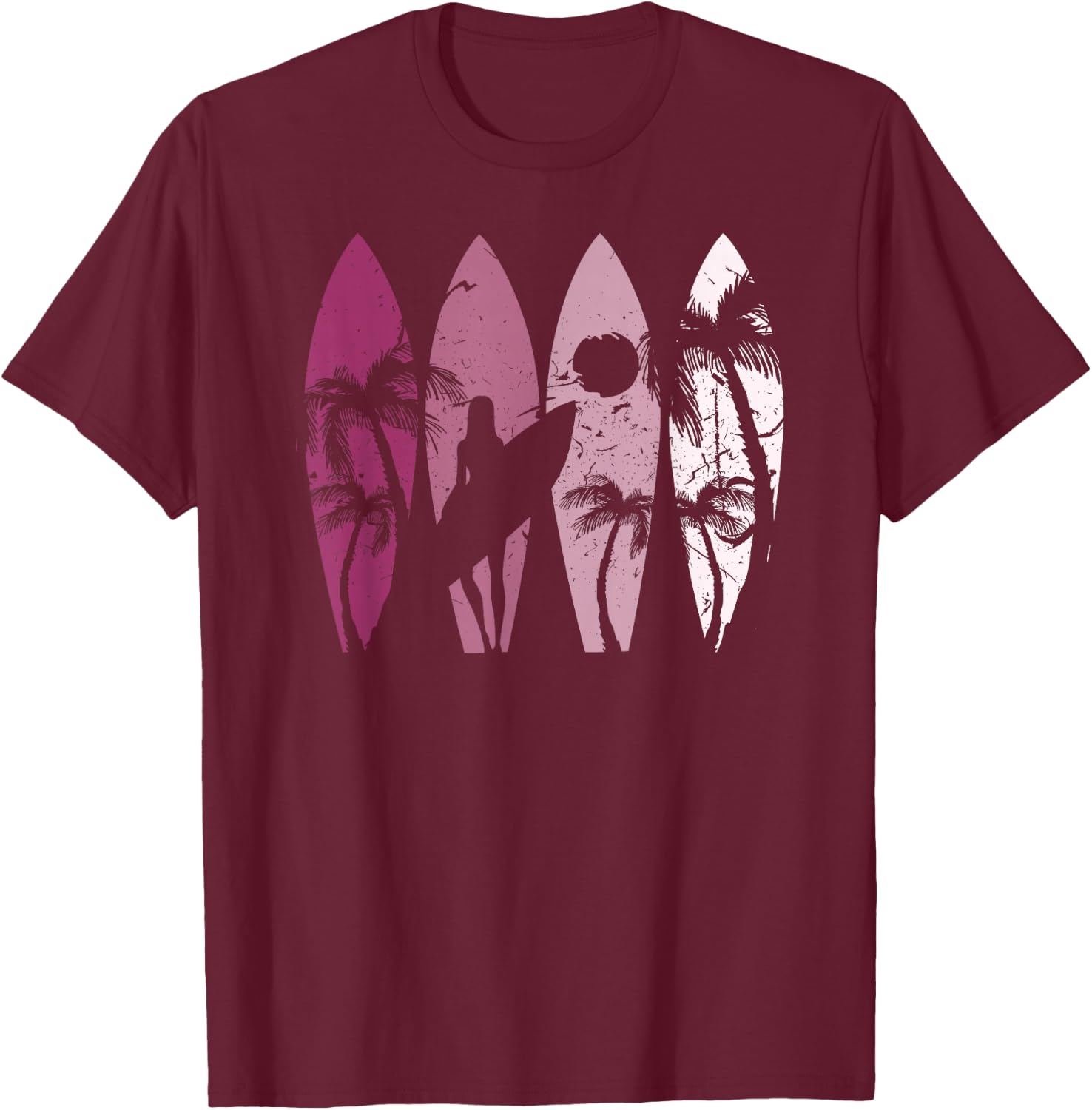 Surfing Surfer Palm Tree Surfboard Sunset Surfer Girl T-Shirt - T-Shirt | Maroon