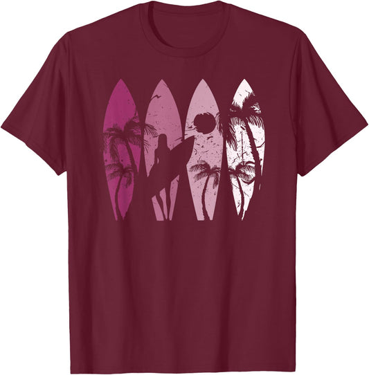Surfing Surfer Palm Tree Surfboard Sunset Surfer Girl T-Shirt - T-Shirt | Maroon