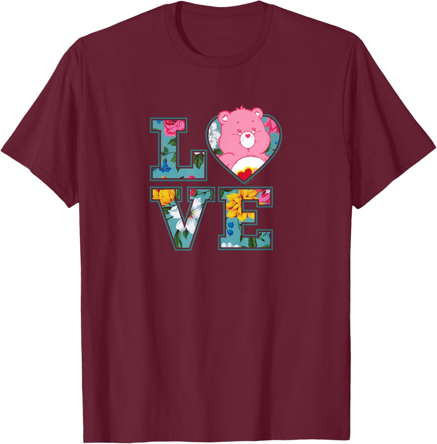 Care Bears Love Floral Block Letters Cute Cartoon T-Shirt - T-Shirt | Maroon