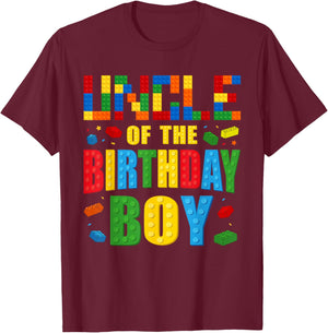 Uncle Of The Birthday Boy Building Blocks Bricks Builder T-Shirt - T-Shirt | Maroon