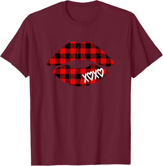 Red Buffalo Plaid Lips T Shirt Valentine Day XOXO Women Girl T-Shirt - T-Shirt | Maroon