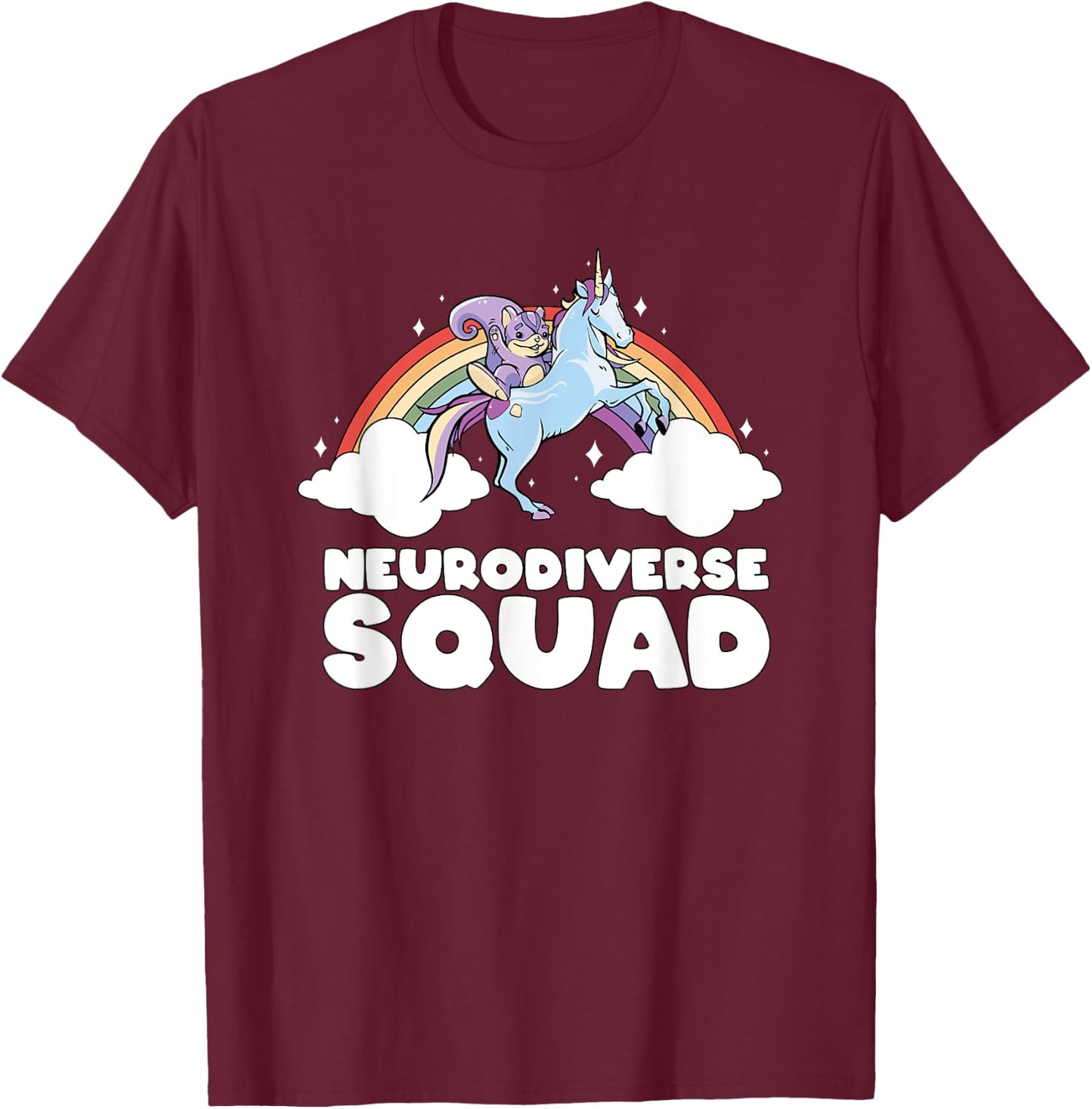 Neurodiverse Squad ADHD Squirrel Unicorn Rainbow Autism T-Shirt - T-Shirt | Maroon