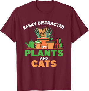 Easily Distracted By Plants And Cats Cute Cat With Flowers Men Women Kids T-Shirt - T-Shirt | Maroon