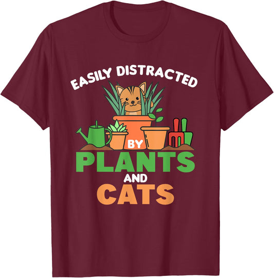 Easily Distracted By Plants And Cats Cute Cat With Flowers Men Women Kids T-Shirt - T-Shirt | Maroon