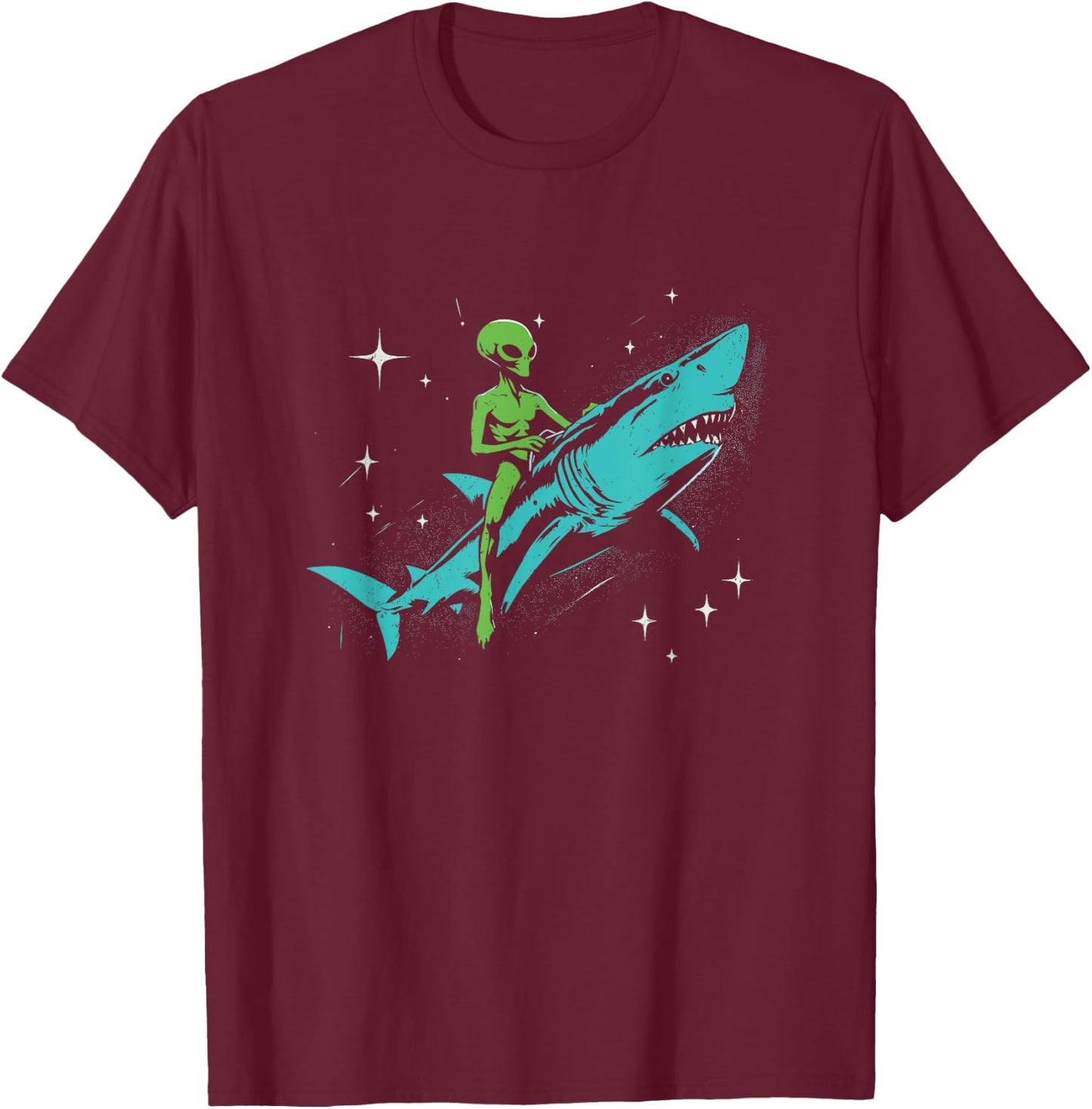 Alien Riding A Shark - Funny Graphic Alien UFO Space Lover T-Shirt - T-Shirt | Maroon