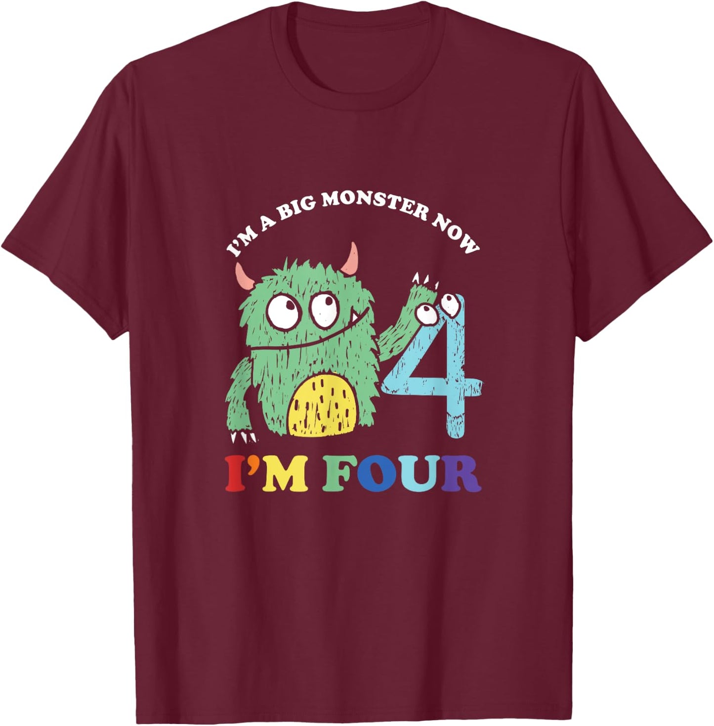 Happy 4th Bday Four 4 Years Old Kids Monster Birthday Party T-Shirt - T-Shirt | Maroon