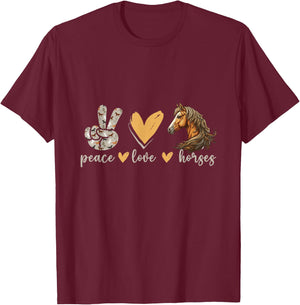 Peace Love Horses Girl I Love My Horses Equestrian Horseback T-Shirt - T-Shirt | Maroon