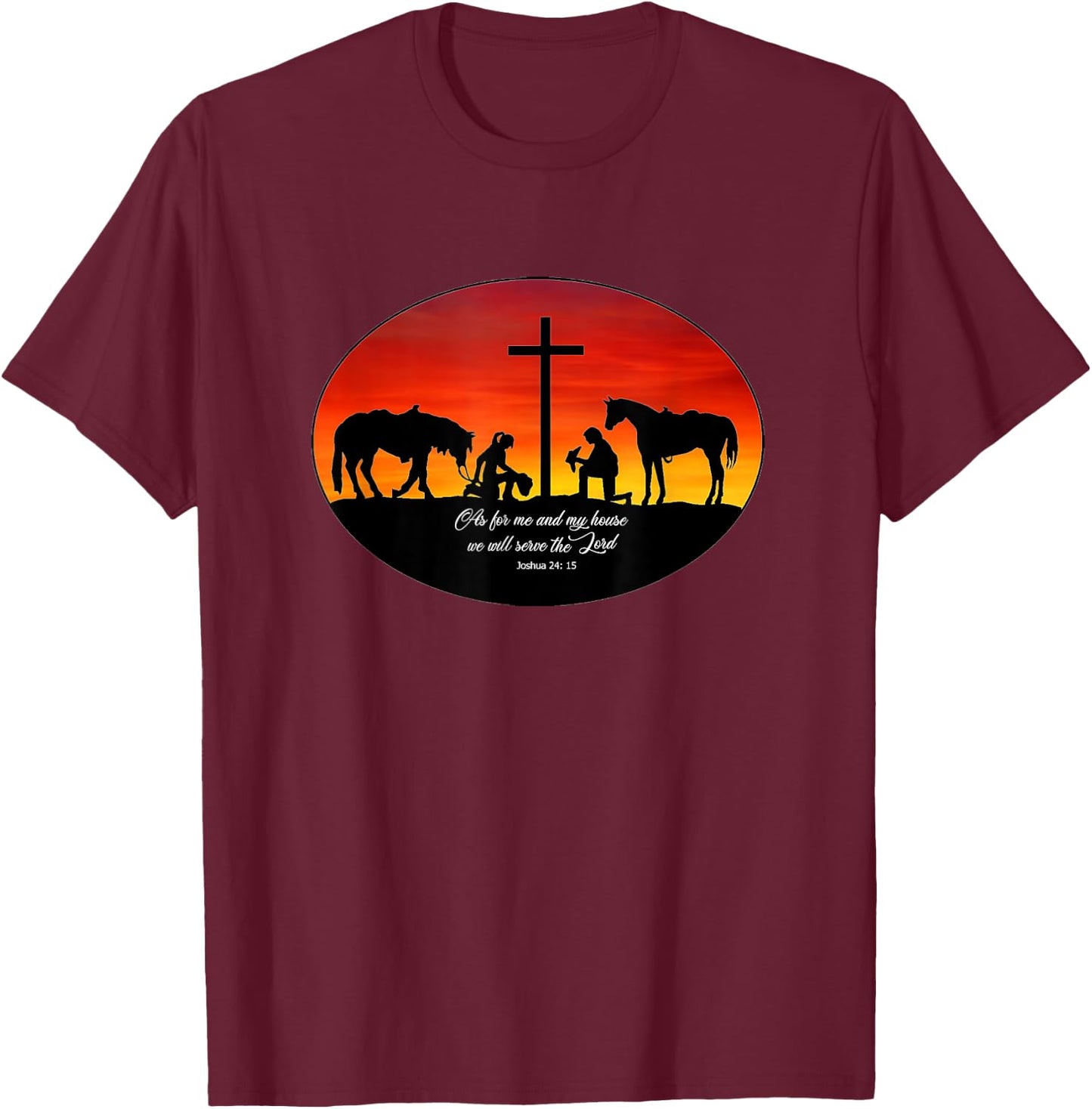 2 Cowhands praying at the Cross sunset. Christian Cowboy T-Shirt - T-Shirt | Maroon